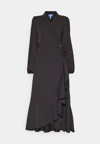 Robe portefeuille noire manches longues avec col en V, épaules bouffantes, fermeture par lien sur le côté et ourlet asymétrique à volants sur fond uni.