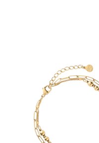 Pulsera de cadena de oro con cuentas ovaladas y redondas enlazadas, terminada con un clip y una cadena ajustable para variar el tamaño.