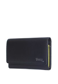 Black leather wallet with a sleek design, featuring a metallic logo and a vibrant yellow interior lining. Folded, rectangular shape.
