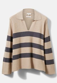 Beige tröja med V-hals och breda marinblå ränder. Har en avslappnad passform och öppen krage. Mjuk textur med långa, vida ärmar.