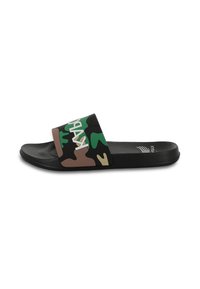 Infradito neri con una fascia a motivo camouflage nei toni del verde, marrone e nero. La fascia presenta un testo bianco. Plantare testurizzato per il comfort.