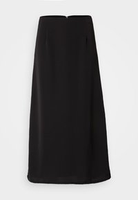 Jupe midi noire avec une texture lisse, silhouette droite et fermeture éclair au dos. Présente des plis subtils pour plus de détail et de fluidité.