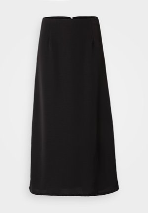 Gonna midi nera con texture liscia, silhouette dritta e cerniera posteriore. Presenta pieghe sottili per un tocco di dettaglio e fluidità.