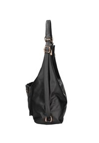 Borsa a spalla in pelle nera con finitura texturizzata, dotata di una sola tracolla regolabile e dettagli in hardware color oro rosa.