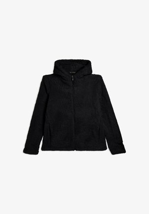 Felpa nera con zip realizzata in tessuto morbido e testurizzato, dotata di un cappuccio ampio e maniche lunghe, con orlo dritto e senza elementi hardware visibili.