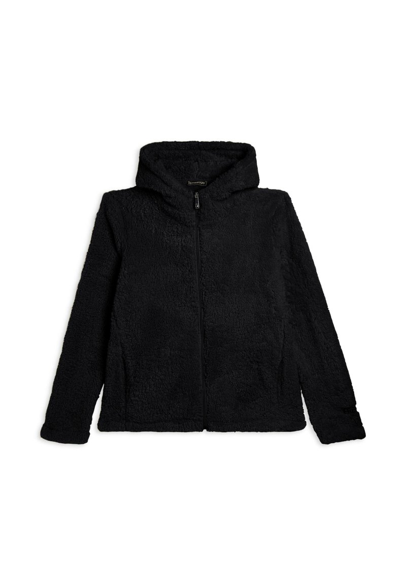 Felpa nera con zip realizzata in tessuto morbido e testurizzato, dotata di un cappuccio ampio e maniche lunghe, con orlo dritto e senza elementi hardware visibili.