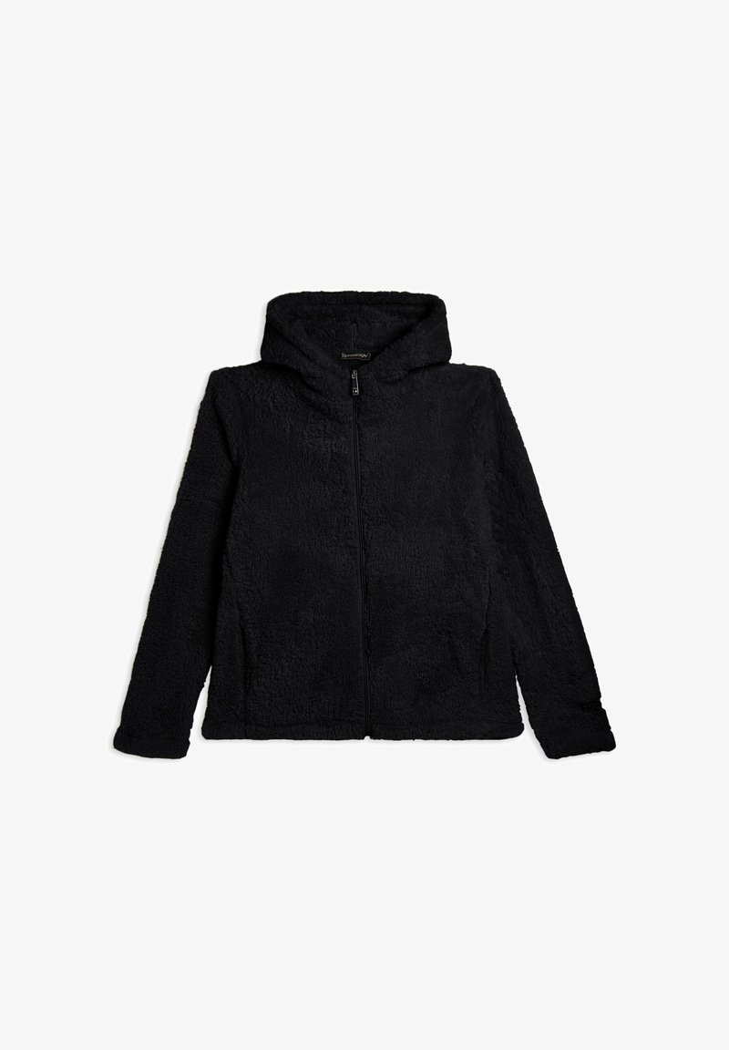 Sudadera con cremallera negra hecha de un tejido afelpado y texturado, con una capucha amplia y mangas largas, que presenta un dobladillo recto y sin herrajes visibles.