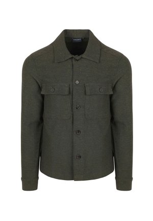 Groene, lange mouwen shirtjack gemaakt van een gestructureerde stof. Beschikt over twee borstzakken, knopen sluiting en een klassieke kraag.