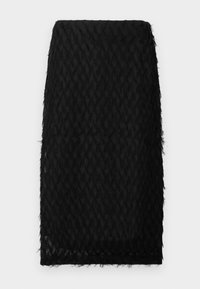 Sort blyant nederdel med tekstureret, fjerlignende detaljering og en glat kant. Stoffet ser let og semi-gennemsigtigt ud.