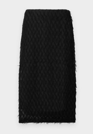 Black pencil skirt with textured, feather-like detailing and a smooth hem. The fabric appears lightweight and semi-transparent.