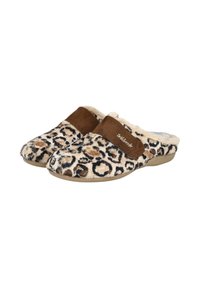 Zapatillas de casa con estampado de leopardo, parte superior suave y aterciopelada, tira de gamuza marrón y suela de goma beige para mayor comodidad en interiores.
