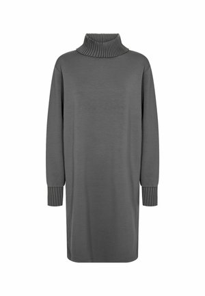 Grijze langarmige jurk met een ribbelige col en manchetten, met een ontspannen pasvorm en een gladde textuur. Geen patronen of extra details.