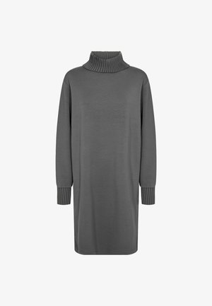 Halli pikad varrukad kleit ribatud kõrge kaelusega ja mansettidega, millel on lõdva lõikega ja sile tekstuur. Ilma mustrite või täiendavate detailideta.