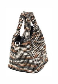 Glinsterende tas met een zwart, bruin en zilveren kleurenpalet, een gestructureerd oppervlak, gedraaide dubbele handvatten en een ruime binnenkant.