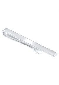 Clip de cravate en argent, design rectangulaire épuré avec des bords arrondis, surface lisse et brillante, et une courbe subtile pour une prise en main.