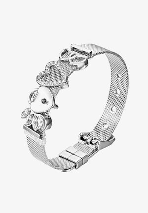 Zilveren mesh armband met hart- en oneindigheidssymbolen, versierd met rhinestones; verstelbare sluiting; slank, gestructureerd ontwerp.