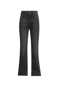 Helle Jeans aus dunkelgrauem Denim mit hoher Taille, detaillierter Naht und klassischem Fünf-Taschen-Design. Die Textur wirkt glatt.