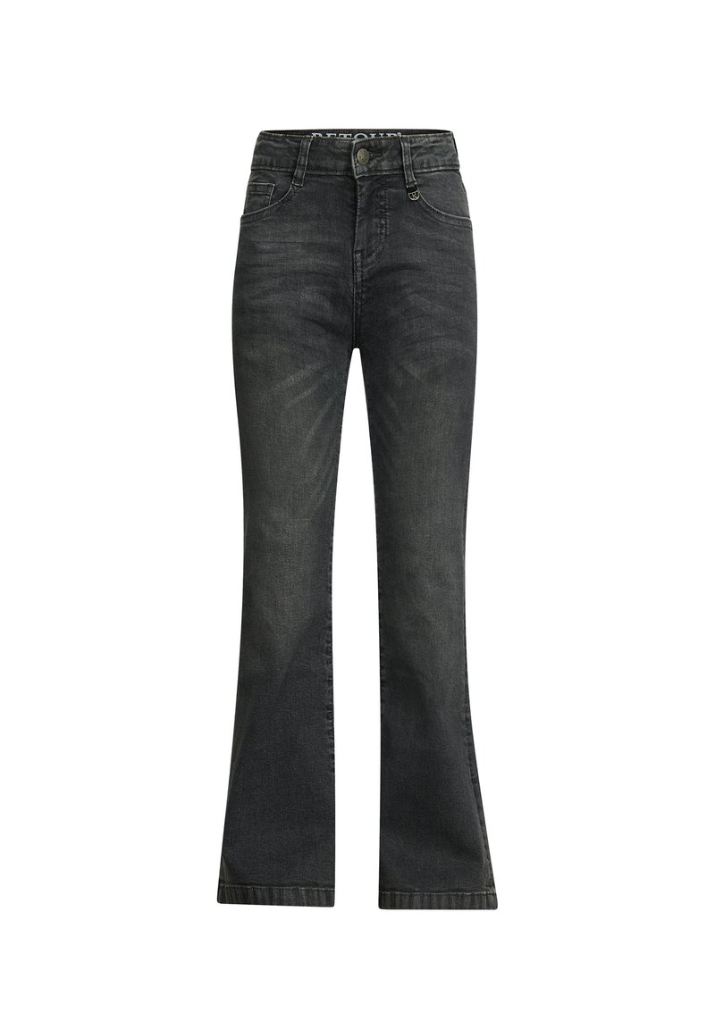 Helle Jeans aus dunkelgrauem Denim mit hoher Taille, detaillierter Naht und klassischem Fünf-Taschen-Design. Die Textur wirkt glatt.