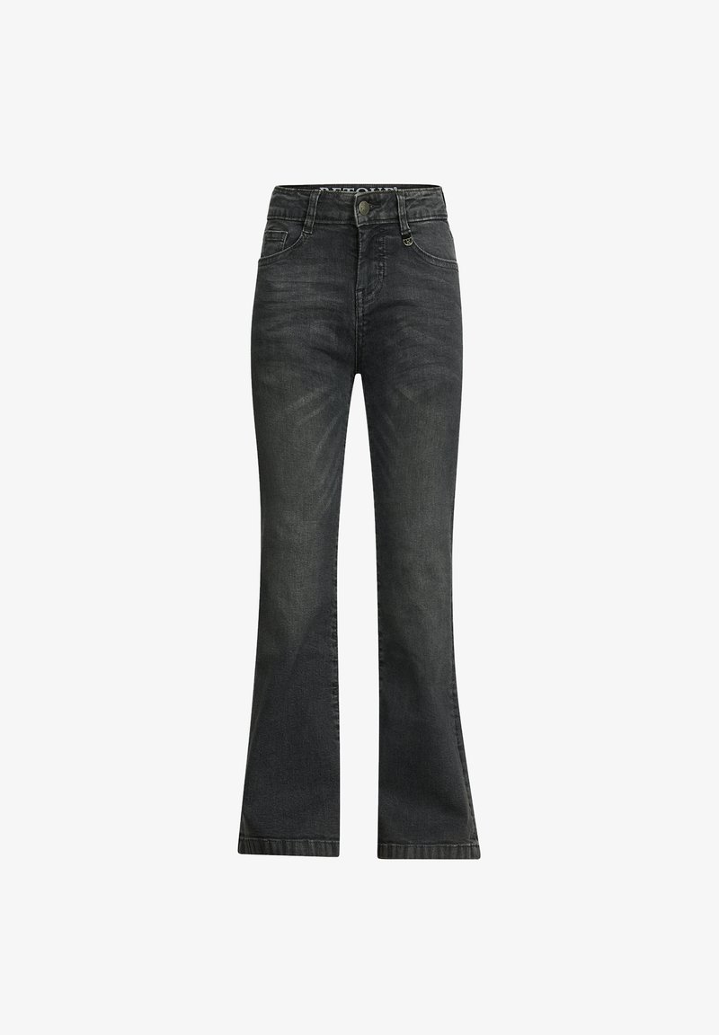 Helle Jeans aus dunkelgrauem Denim mit hoher Taille, detaillierter Naht und klassischem Fünf-Taschen-Design. Die Textur wirkt glatt.