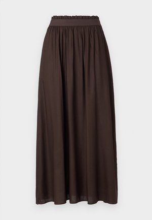 Brown, ankle-length skirt made of smooth fabric. Elastic waistband with gathered texture, offering a relaxed fit. Simple design, no patterns.
