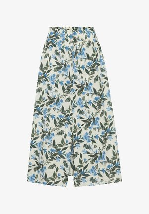 Virágmintás, magas derekú culottok, kék virágokkal és zöld levelekkel világos krém alapon; könnyű anyag, széles lábujjú kialakítás.