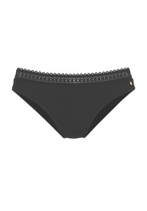 Schwarzer Bikiniunterteil mit einer wellenförmigen Spitzenborte am Bund, glattem Stoff und einem kleinen goldenen Akzent an der Seite.