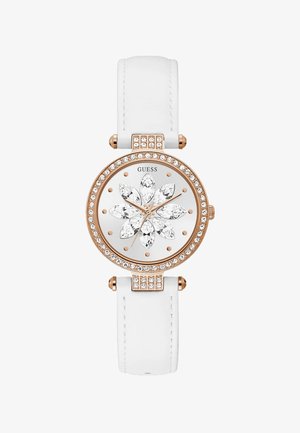 Reloj con correa de cuero blanco y bisel de oro rosado, esfera de cristal floral y cara redonda adornada con un anillo de piedras preciosas brillantes.