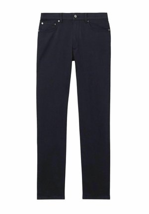 Jeanși de un albastru închis din denim, cu cinci buzunare, fermoar la brâu și accente din metal de culoare argintie. Design slim fit, cu fason drept.