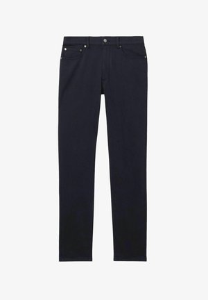 Donkerblauwe spijkerbroek van denim, met vijf zakken, een ritssluiting en accenten van zilverkleurig metaal. Slim fit, recht model.