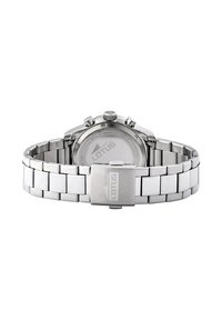 Silver stainless steel watch with a link bracelet and clasp. Features a round case, chronograph dials, and engraved brand logo on the back.