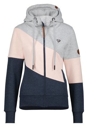 Kapuzensweatshirt mit Reißverschluss, das graue, rosa und marineblaue Einsätze aufweist, aus strukturiertem Stoff gefertigt ist, eine Kordel zum Verstellen der Kapuze hat und einen Lederakzent am Ärmel besitzt.