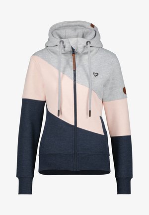 Hooded zip-up sweatshirt met grijze, roze en marineblauwe panelen, met textuurstof, een capuchon met trekkoord en een leren accent op de mouw.