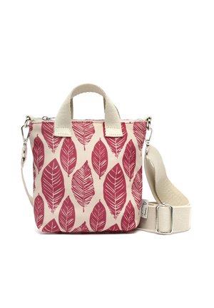 Kleine beige Stoffhandtasche mit rotem Blattmuster, kurzen Griffen und einem breiten verstellbaren Schultergurt mit Metallverschlüssen.