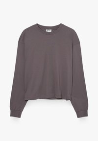 Langärmliges Hemd aus weichem, gedämpftem grauen Stoff mit rundem Ausschnitt und engen Bündchen. Es zeichnet sich durch eine entspannte Silhouette und ein minimalistisches Design aus.