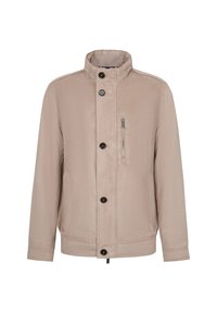 Beige jacket featuring a high collar, front button closure, and a zippered chest pocket. Smooth, lightweight fabric with subtle texture.