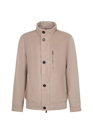 Beige Jacke mit hohem Kragen, Knopfverschluss vorne und einer mit Reißverschluss versehenen Brusttasche. Glattes, leichtes Material mit dezenter Struktur.