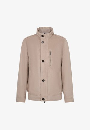 Beige jacket featuring a high collar, front button closure, and a zippered chest pocket. Smooth, lightweight fabric with subtle texture.