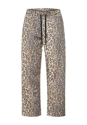 Pantalones de sudadera de estampado de leopardo con un ajuste relajado, fabricados en tejido suave, con una cintura elástica y cordón negro, y bolsillos laterales.