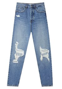 Jeans de mezclilla azul claro con cintura alta, ajuste recto y múltiples parches desgastados. Presenta un diseño clásico de cinco bolsillos y botón de metal.