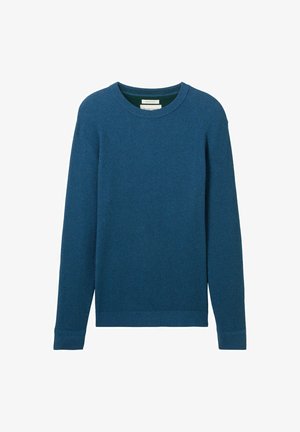 Maglione lavorato a maglia color teal con maniche lunghe, texture a coste, scollatura rotonda e orlo dritto. Cuciture sottili visibili lungo le cuciture.