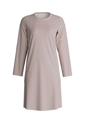 Robe beige à manches longues avec un col rond, présentant un motif répétitif de petites croix bleu marine.