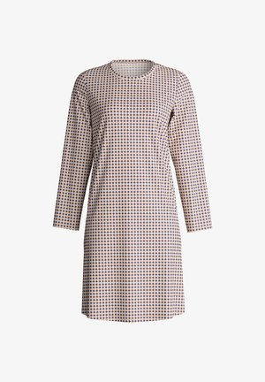 Langärmliges beiges Kleid mit rundem Ausschnitt, verziert mit einem sich wiederholenden kleinen dunkelblauen Kreuzmuster.