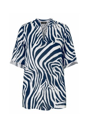 Short-sleeve blouse with navy and white zebra stripes, featuring a V-notch neckline and a relaxed fit.