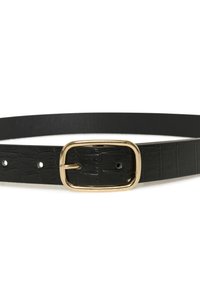 Cintura nera con texture a coccodrillo e fibbia rettangolare dorata. Presenta fori uniformemente distribuiti lungo la cintura per una vestibilità regolabile.