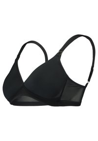 Black bra featuring a smooth, opaque fabric with adjustable straps and a mesh detail at the band. Designed with a seamless cup shape.