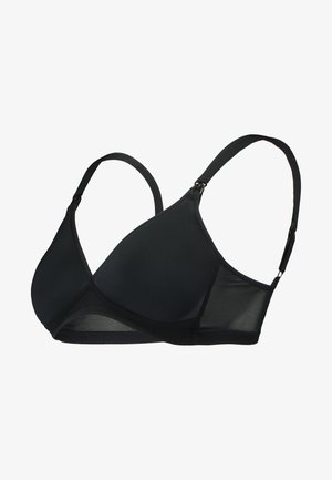 Schwarzer BH aus glattem, opakem Stoff mit verstellbaren Trägern und einem Netzdetaill am Bündchen. Entworfen mit einer nahtlosen Cup-Form.