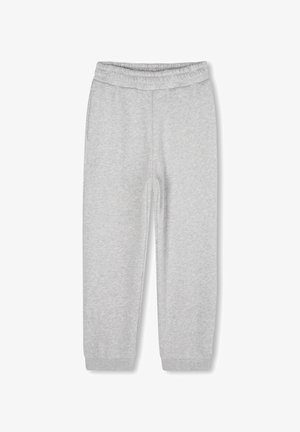Grijze sweatpants van zacht materiaal, met een elastische tailleband en ribbelmanchetten, een taps toelopend ontwerp en zonder zichtbare zakken.