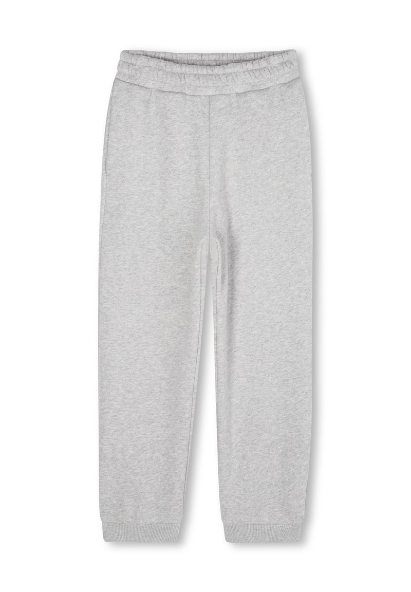 Pantalon de survêtement gris en tissu doux, avec une taille élastique et des poignets côtelés, doté d'une coupe fuselée et sans poches visibles.