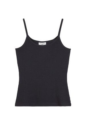 Czarny prążkowany top na ramiączkach z cienkimi paskami i dopasowanym krojem. Wykonany z miękkiej tkaniny, z okrągłym dekoltem i prostym dołem.