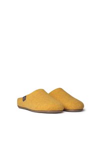 Yellow felt slippers with a slip-on design, rounded toe, and textured surface. Features a brown rubber sole and subtle branding detail.